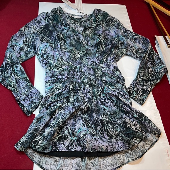 IRO DENIZ Blue Purple abstract DRESS NEW LUXURY A0554 Cotton Ruched Waist sz 34 - Picture 16 of 16